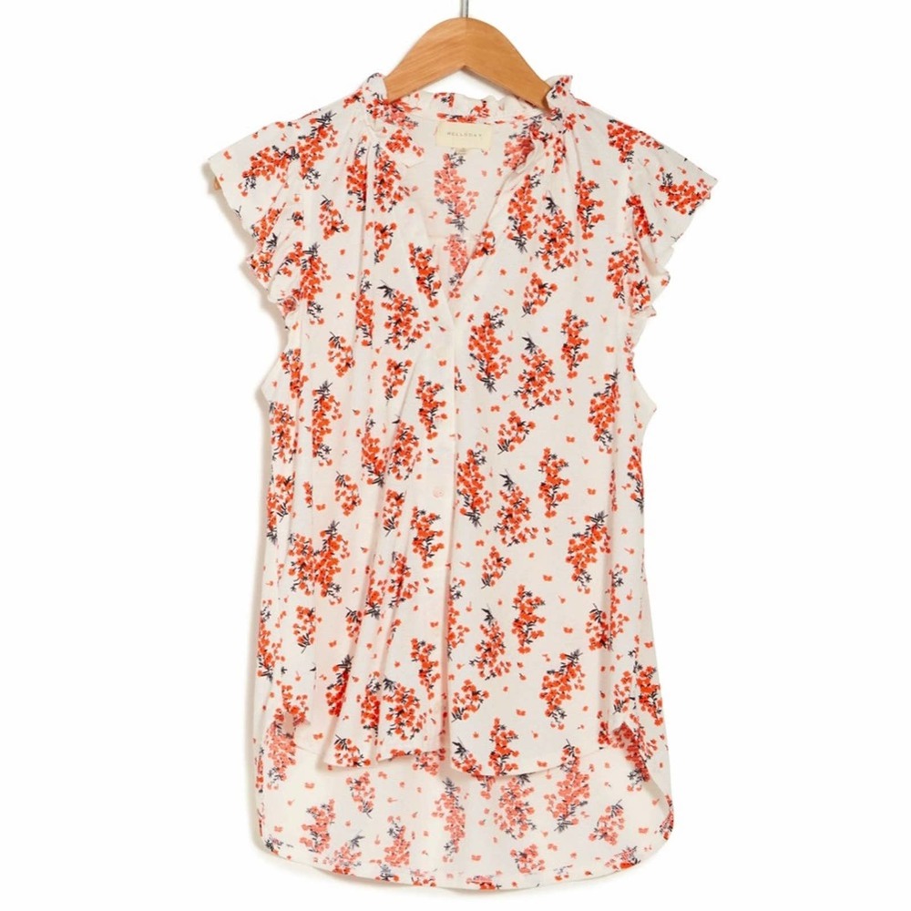 Nordstrom MELLODAY Ruffle Trim Neck Front Button Floral Print Top Size S - Picture 2 of 10